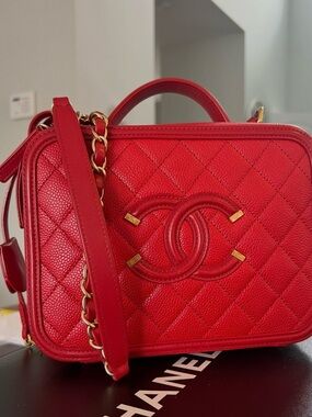 CHANEL Quilted Red Vanity  Bag with Gold Hardware